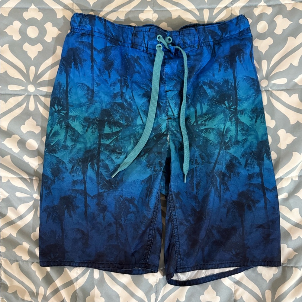Source Unknown Blue and Green Swim Trunks with Tropical Design